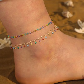 MTMY Gold Anklets for Women 14K Gold Plated Tiny Bead Colorful Tassel Foot Chain Dainty Adjustable Cute Summer Beach Boho Anklets Jewelry Gift for women