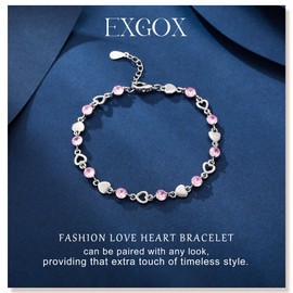 EXGOX Sterling Silver Bracelet for Women Dainty 925 Silver Heart Bracelet Shiny Crystal Diamond Adjustable Love Heart Bracelet for Women Girls