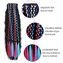 Shinon 24 Inch Clip in Long Corn Wave Ponytail Extension with Colorful braids Wrap Around Long Wavy Curly Pony Tail Hair Fluffy Synthetic Hairpiece with Hair Band for Fashion Women