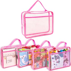 Toy Zippered Blocks Set Storage Bags for boy girls - 4PC Large PVC Storage Organizer Bags with Mesh Side Pockets for Puzzle, Clay, Book, Small Models and Mini Plush Toys, L: 9”x3”x11.8” (Pink)