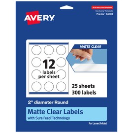 Avery Matte Clear Round Labels with Sure Feed, 2" Diameter, 300 Matte Clear Labels, Print-to-The-Edge, Laser/Inkjet Printable Labels