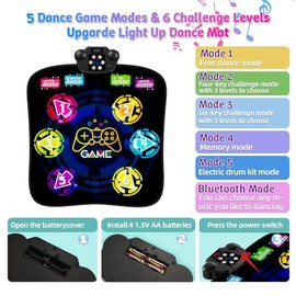 Dance Mat, Rhythm Step Dancing Challenge Playmat with 6 LED Lights-up, Built-in Music & Bluetooth, Electronic Dance Mat with 5 Game Modes, Birthday Gifts Toys for Girls Age 3-12 Year Old