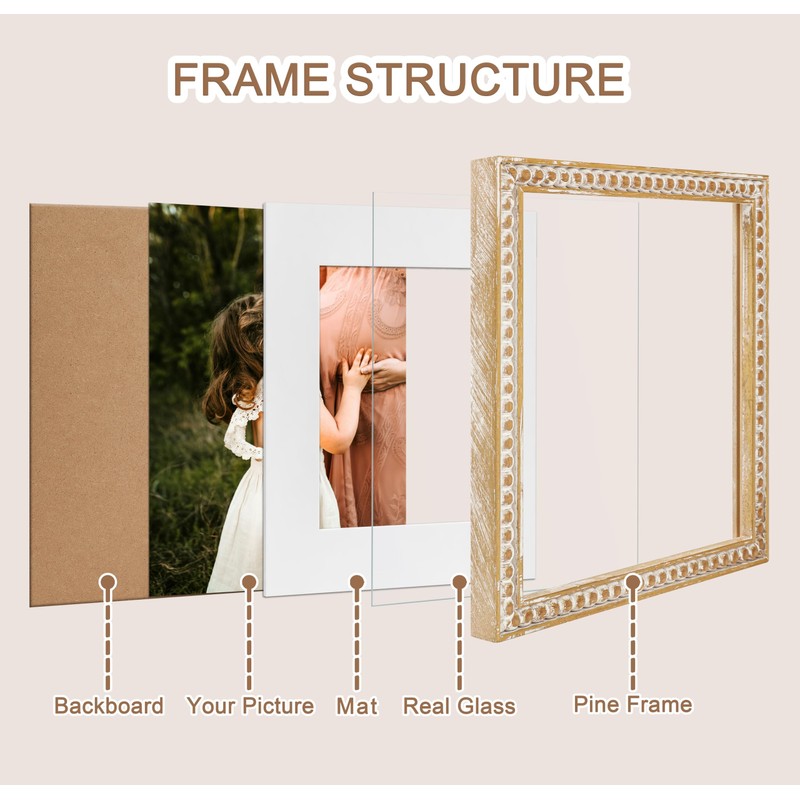 Square 12x12 Rustic Picture Frame, Decorative Distressed Beaded Detailing, Natural