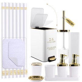 XLHOMO 11PCS Bathroom Sets with Shower Curtain and Rugs Bathroom Accessories Set White Bathroom Set,Soap Dispenser & Toilet Brush Holder Set with Stainless Steel Trash Can