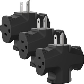 PLUGTUL 3 Way Plug Adapter, 3 plug wall adapter, 3 Prong, Grounded, 15A, 1875W, Multiple Plug Expander for Home, Outdoor, ETL Listed, Black, 3PACK