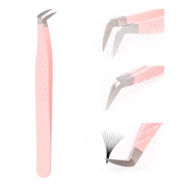One-Piece Tweezers for Eyelash Extensions, Pink Stainless Steel Curved Tip, Professional Eyelash Tweezers, Striped FADVAN (Olecranon Clip)