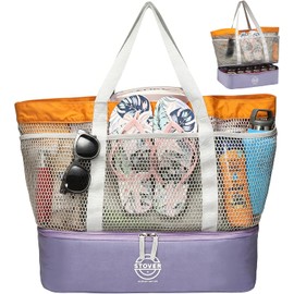 STOVER Bolsa de playa de malla extragrande con compartimento para enfriar, día festivo, piscina y bolsa de viaje para mujeres, hombres y familias, resistente y resistente al agua