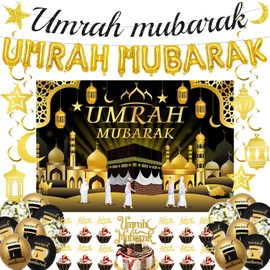 Umrah Mubarak Decoration Ramadan Set - 49 Pieces Party Black Gold Garland Confetti Cannon Balloons for Muslim Party Islamic Festival Eid Mubarak Decoration Birthday Black Gold Party Accessories