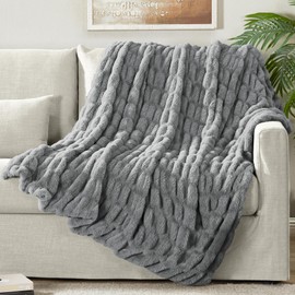 DREAMNINE Solid Grey Fuzzy Ruched Faux Rabbit Fur Blanket 50" x 60", Luxury Puffy Fluffy Fake Fur Ruffled Blanket, Washable & Soft Furry Blanket, Warm Blanket for Winter Gift Women Kid Adult Pet, Gray