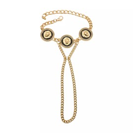 Unbranded Women Gold Metal Hand Chain Links Bracelet Connected Ring Lion Coin Medallions