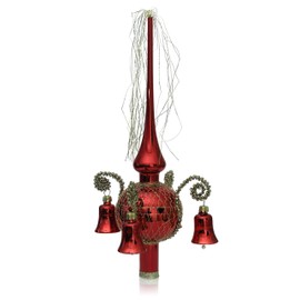 Lauschaer Glas Christmas Tree Topper with Bell, Red Gloss, Wound, Length Approx. 28 cm, Diameter 7 cm, Mouth-Blown, Hand-Decorated, Leonian Wire