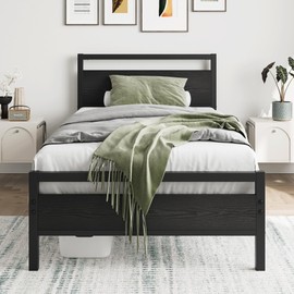 HOJINLINERO Black Twin Bed Frame with Wood Headboard,Metal Single Platform Bed Frame Twin Size No Box Spring Needed,Heavy Duty Metal Slats Support,Mattress Base,Noise Free,Easy Assembly,Black