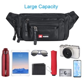 AirZyx Bumbag Fanny Pack for Women Men Waterproof Waist Pack Plus Size with 6 Zipped Pockets Bum Waist Bag for Dog Walking Climbing Hiking Travel Outdoor Sport Black