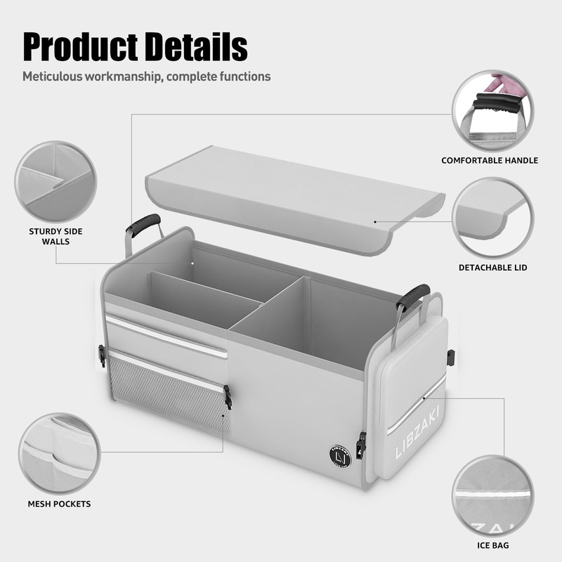 LIBZAKI Car Trunk Storage Organizer, Multi Compartment Collapsible Trunk Storage