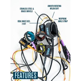FCS Regular Classic Surfboard Leash – Durable 7mm Cord, Neoprene Strap, Anti-Tangle Swivel – Everyday Surf Leash for 2–8ft Waves