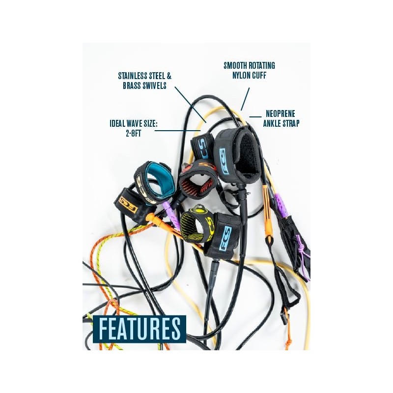 FCS Regular Classic Surfboard Leash – Durable 7mm Cord, Neoprene