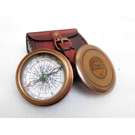 KHUMYAYAD Antique Brass Pocket Compass Handcrafted Full Functional with Leather Case