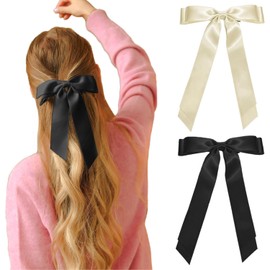 Hair Bows Hair Clip Beige Black Hair Ribbon Ponytail Holder Accessories Slides Metal Clips Hair Bow for Women With Metal Clips, Aesthetic Hair Accessories 2PCS (2Pcs Beige+Black, One size)