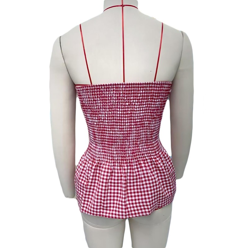 Women Y2k Gingham Tube Top Strapless Backless Plaid Peplum Vest