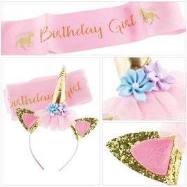 TAXTYHRE Unicorn Headband, Birthday Sash, Unicorn Headband with Horn Ears and Flowers, Women Girls Birthday Hair Accessories for Easter Party Carnival Party Accessories