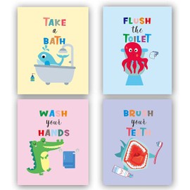 TANXM Funny Kids Bathroom Wall Art Set, Wash Your Hands, Brush Your Teeth, Children's Decor, Set of 4 (8"X 10"), No Frame