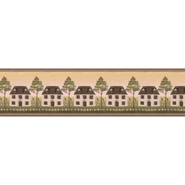 CONCORD WALLCOVERINGS ™ Wallpaper Border Country Pattern Village Houses Trees for Cottage Kitchen Dining Room, Brown Beige Green, 15 ft by 5 in GB30312