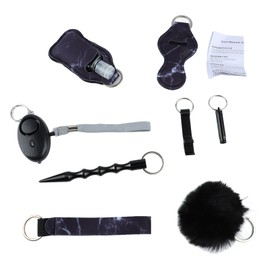 9pcs Safety Keychain Set Loud Alarm Wrist Strap Whistle PU Leather Keychain Set for Women Black