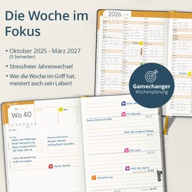 weekview Compact Extended 2026 - The Clever Weekly Planner A6+ Oct 25 - March 27 | Personal Organiser with Ribbon Bookmark, Sticker, Blackboard Calendar, Document Pocket, Pen Loop, Index (Plus, Black)