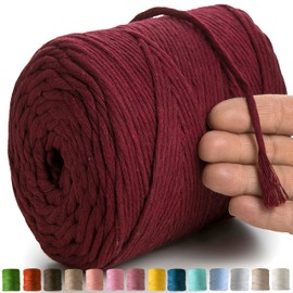 'MeriWoolArt® Natural Macrame Yarn, 4 mm, Colourful, 225 m, Super Soft Cotton Yarn, Single Twisted Macrame Cord for Macrame Wall Hanging, Hanging Basket, Curtain and More DIY (Burgundy)