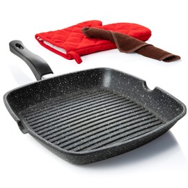 Moss & Stone Aluminum Nonstick Grill Pan for Stove Tops, Versatile Griddle with Pour Spouts, Square Grill Pan Big Cooking Surface, Durable Skillet Indoor & Outdoor Grilling. PFOA Free, 11 Inch