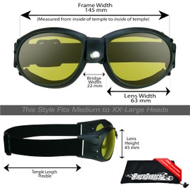 Bikershades Motorcycle Night Riding Safety Goggles Foam Padded Yellow Lens Men Women Large Coverage with Large Microfiber Case