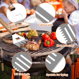 KEJJRIUTN Wooden BBQ Grilling Tools Set of 4, Stainless Steel BBQ Tools Grill Tools Set for Cooking, Backyard Barbecue & Outdoor Camping, Gift Ideas BBQ Accessories Gifts for Men Dad and Women