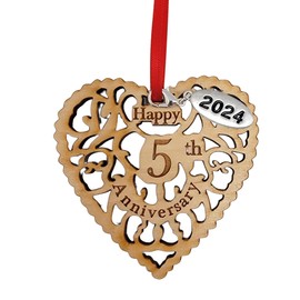 5th Anniversary Ornament Year Date Hang Tag- Wooden Heart Happy for Couples Beautiful Laser Cut Wood Detail Heart Shaped - Wrapped in Organza Gift Bag (5th Anniversary)
