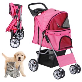 Saicool 4 Wheels Pet Stroller Dog Cat Cage Stroller - Easy to Walk Folding Travel Carrier Strolling Cart with Cup Holder, Weather Cover and Storage Basket, Pink