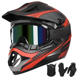 Yesmotor Youth Dirt Bike Helmet Quick Release Buckle - Dirt Bike Helmets Adult ATV Helmet (Gloves Goggles Mask) 4Pcs Set - DOT Approved（Red,M）