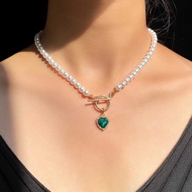 Cimenexe Bohemian Emerald Heart Necklace Chain Vintage Pearl Choker Necklace Green Cz Heart Pendant Necklace Toggle Clasp Necklace Choker Jewelry for Women and Girls
