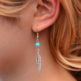 Allereya Vintage Turquoise Bead Feather Earrings Silver Feather drop Earrings Turquoise Dangle Hook Earrings Turquoise Feather Earrings Jewelry for Women and Girls