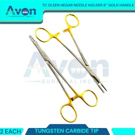 Premium Olsen-Hegar Needle Holder 6in (15.24cm), Serrated Jaws with Tungsten Carbide Inserts - Scissor Clamps - Gold Handle - Multi-Purpose Veterinary Pliers (2)
