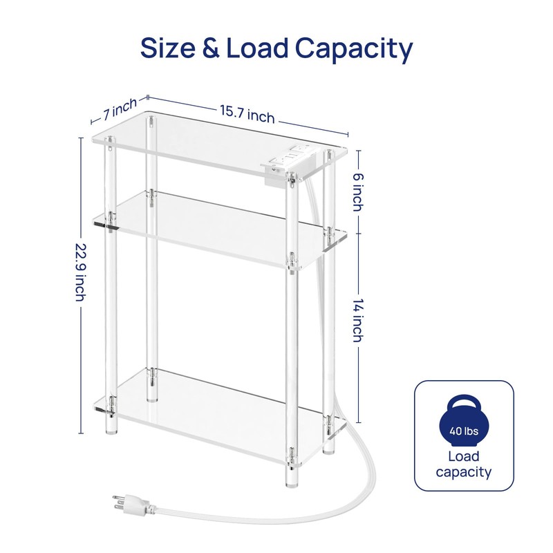 HMYHUM Acrylic Narrow Side Table with Charging Station, 7" Width,