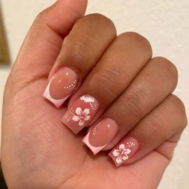 French Tip Press on Nails Short Square Fake Nails Hawaii Flower Design Summer Glue on Nails White Pink Gradient French Tip Nails Short Square Acrylic False Nails Kits Stick on Nails for Women 24PCS