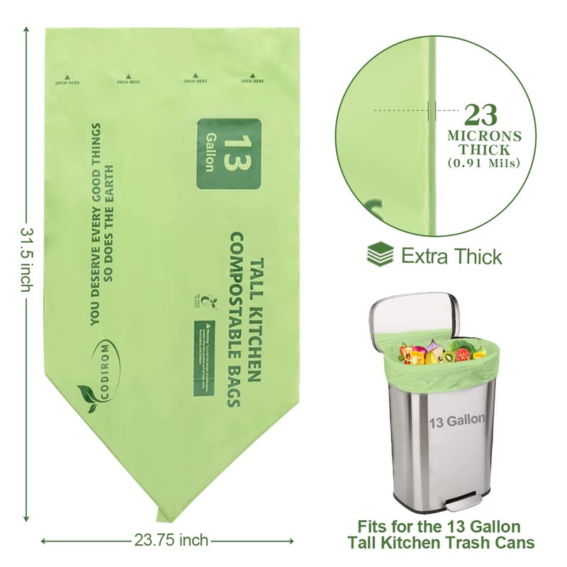 Codirom 100% Compostable Trash Bags, 13 Gallon, 49.2 Liter, 0.91