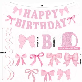 Pink Birthday Party Decorations Pink Bows Birthday Banner With Hanging Swirls Party Supplies for Women Girls Kids, Teens Adults
