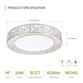 ASD 14 Inch LED Flush Mount Ceiling Light - Modern Brushed Nickel Ceiling Light Fixture 24W 1534LM, 2700-5000K Adjustable Small Ceiling Lights for Kitchen, Bedroom, Hallway, Closet, ETL