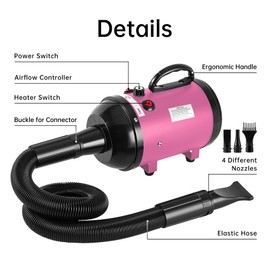 NESTROAD Dog Dryer High Velocity Dog Hair Dryer,4.3HP/3200W Dog Blower Grooming Force Dryer with Stepless Adjustable Speed,Professional Pet Hair Drying with 4 Different Nozzles for Dogs Pets,Pink