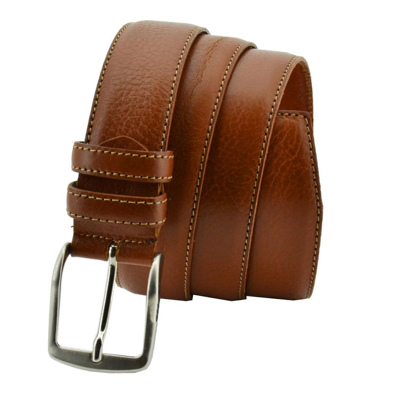 Conte Massimo Men's Genuine Leather Belt with Stitching, Brown leather