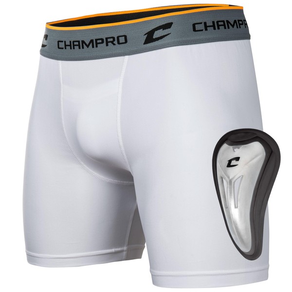 Champro Standard Compression Boxer Shorts with Athletic Cup, White, Adult Medium