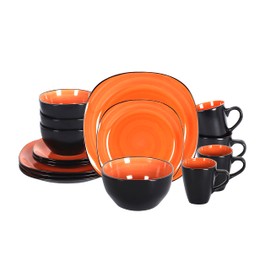 HomeVss, Stoneware Square 16pc Dinnerware Set, Inside Spinwash Swirl Orange + Outside Black