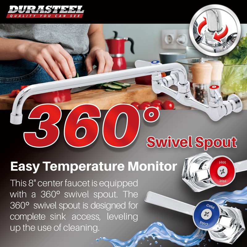 DuraSteel Commercial Kitchen Sink Faucet - No Lead 8" Center
