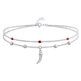 Bling Jewelry Boho Amulet Tooth Cornicello Italian Horn Double Chain Chili Pepper Anklet Ankle Bracelet Red Pearl for Women Teen 925 Sterling Silver 9-10 Inch Adjustable, Sterling Silver, Other.