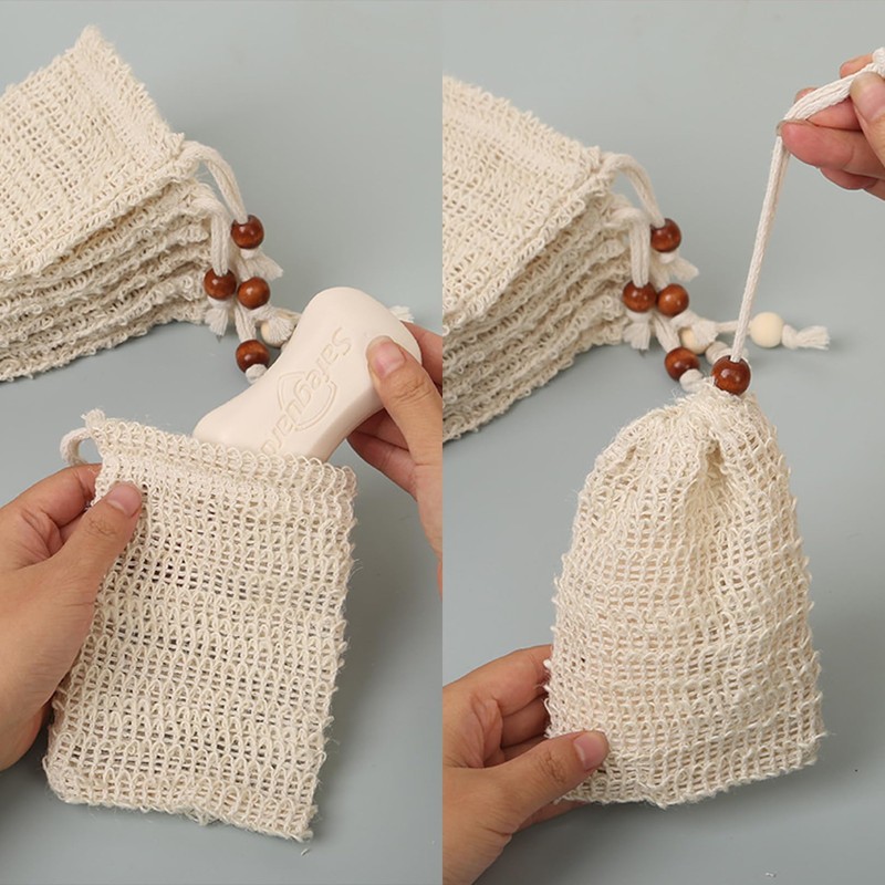2 Pcs Sisal Soap Bag,Soap Bar Bag with Drawstring,Natural Sisal